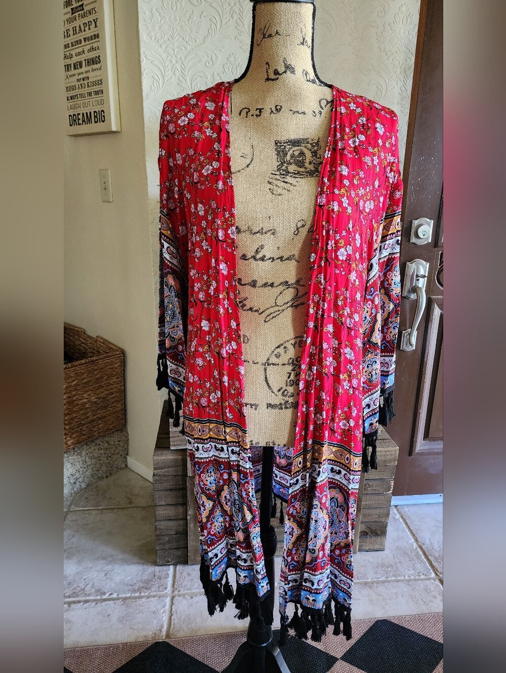 Red Floral & Paisley Fringe Kimono